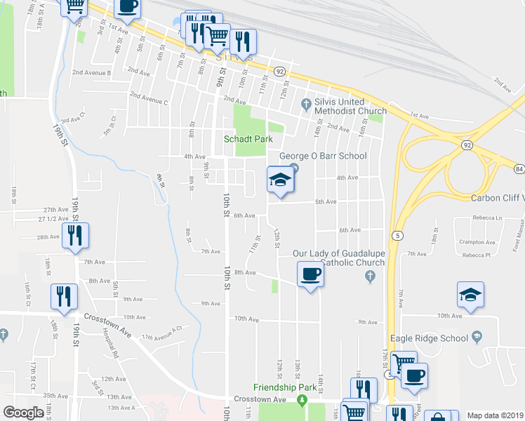 map of restaurants, bars, coffee shops, grocery stores, and more near 600 11th Street in Silvis