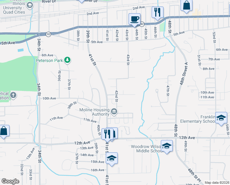 map of restaurants, bars, coffee shops, grocery stores, and more near 926 42nd Street in Moline
