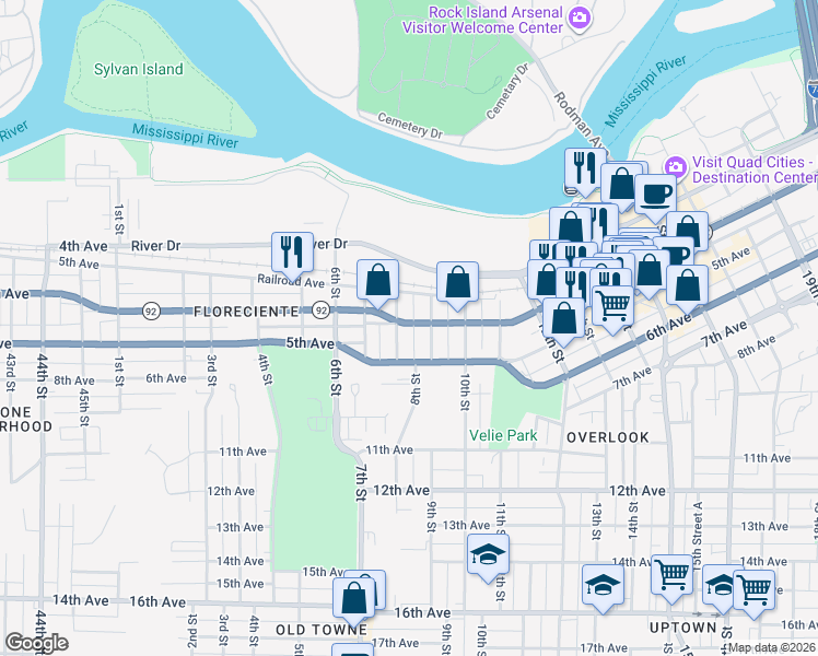 map of restaurants, bars, coffee shops, grocery stores, and more near 411 8th Street in Moline