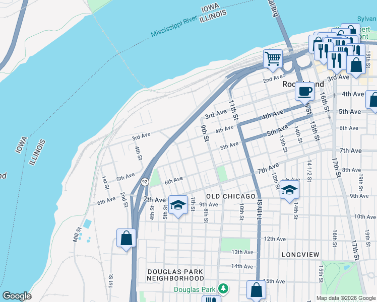 map of restaurants, bars, coffee shops, grocery stores, and more near 401-499 8th St in Rock Island