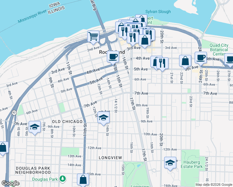 map of restaurants, bars, coffee shops, grocery stores, and more near 1413 7th Avenue in Rock Island
