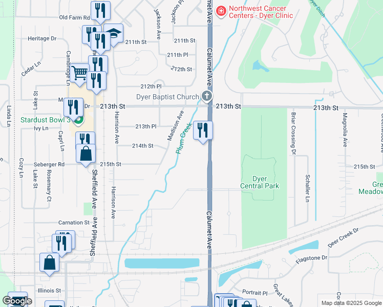 map of restaurants, bars, coffee shops, grocery stores, and more near 1428 Calumet Avenue in Dyer