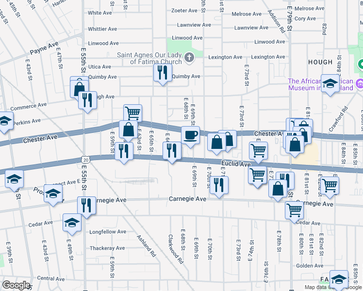 map of restaurants, bars, coffee shops, grocery stores, and more near 6709 Euclid Avenue in Cleveland