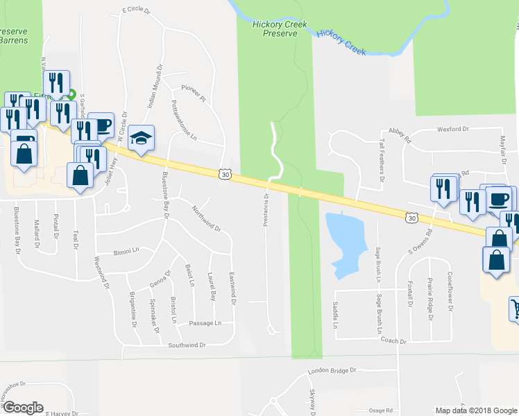 map of restaurants, bars, coffee shops, grocery stores, and more near 21114 Prestancia Drive in Mokena