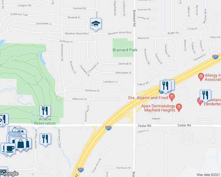 map of restaurants, bars, coffee shops, grocery stores, and more near 5537 Harleston Drive in Lyndhurst