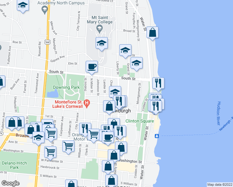 map of restaurants, bars, coffee shops, grocery stores, and more near 261 Liberty Street in Newburgh