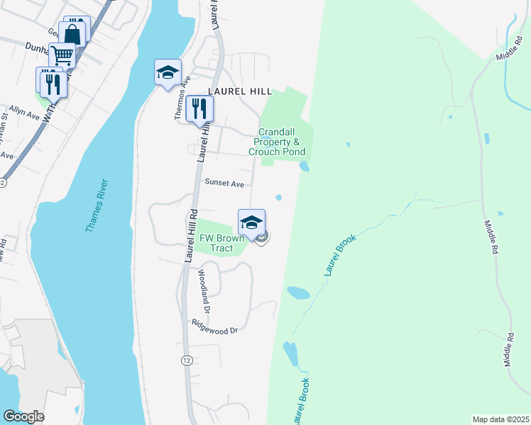 map of restaurants, bars, coffee shops, grocery stores, and more near 60 Crouch Avenue in Norwich