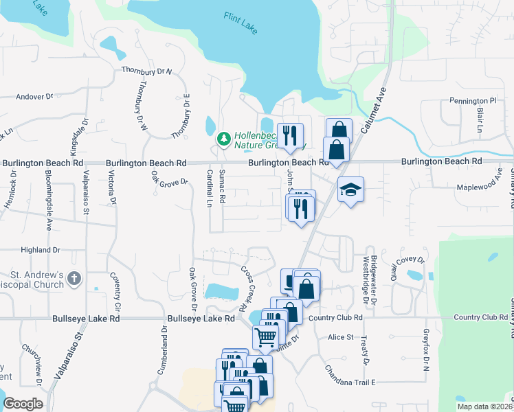 map of restaurants, bars, coffee shops, grocery stores, and more near 1424 Bobolink Road in Valparaiso
