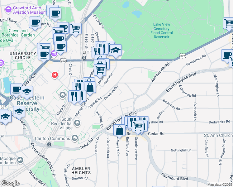 map of restaurants, bars, coffee shops, grocery stores, and more near 2348 Overlook Road in Cleveland Heights