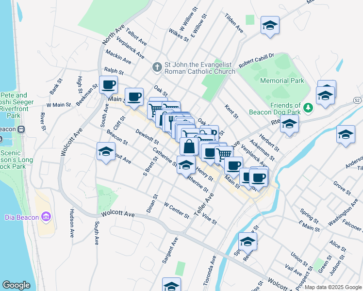 map of restaurants, bars, coffee shops, grocery stores, and more near 4 South Cedar Street in Beacon