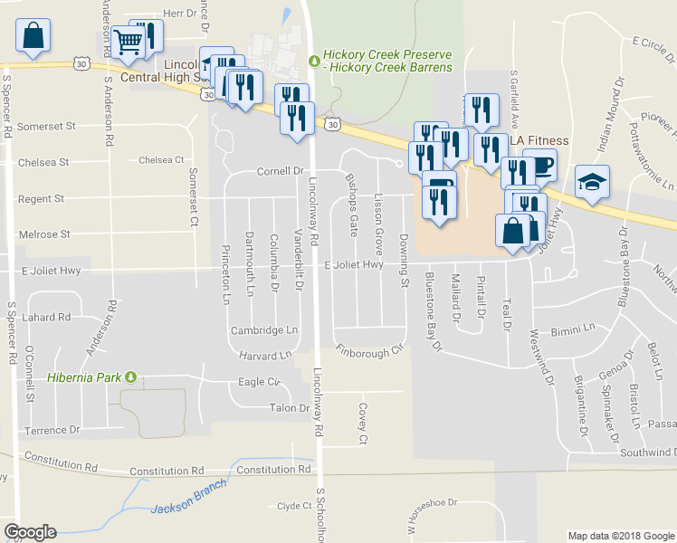 map of restaurants, bars, coffee shops, grocery stores, and more near 702 Wellington Parkway in New Lenox