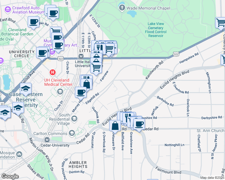map of restaurants, bars, coffee shops, grocery stores, and more near 2348 Overlook Road in Cleveland Heights