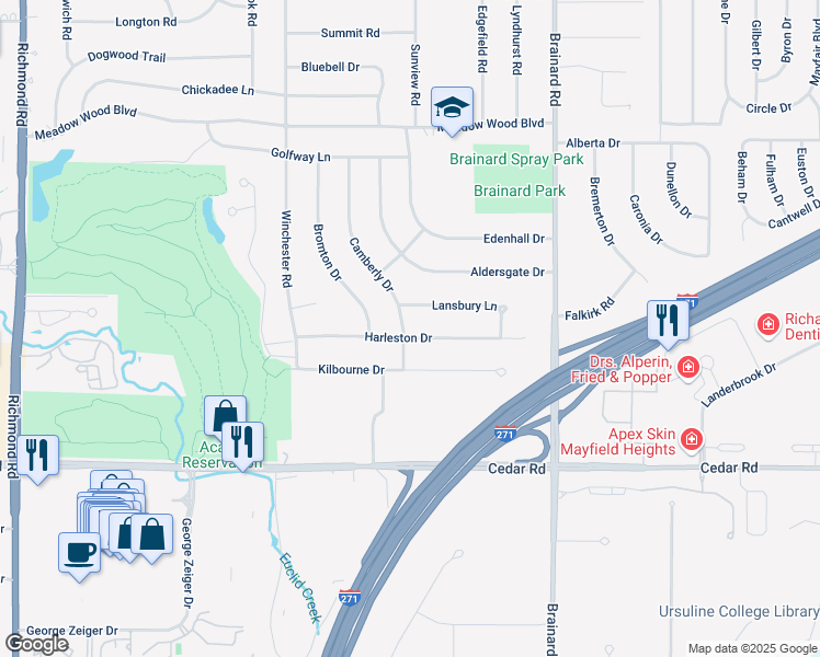 map of restaurants, bars, coffee shops, grocery stores, and more near 5453 Harleston Drive in Lyndhurst