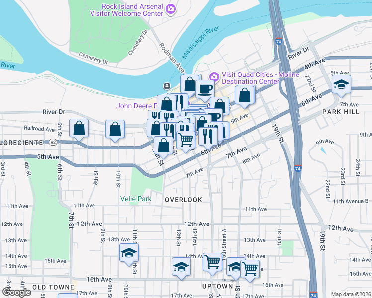 map of restaurants, bars, coffee shops, grocery stores, and more near 519 14th Street in Moline
