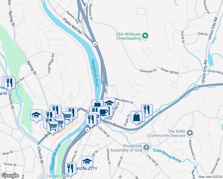 map of restaurants, bars, coffee shops, grocery stores, and more near 126 Golden Hill Street in Naugatuck