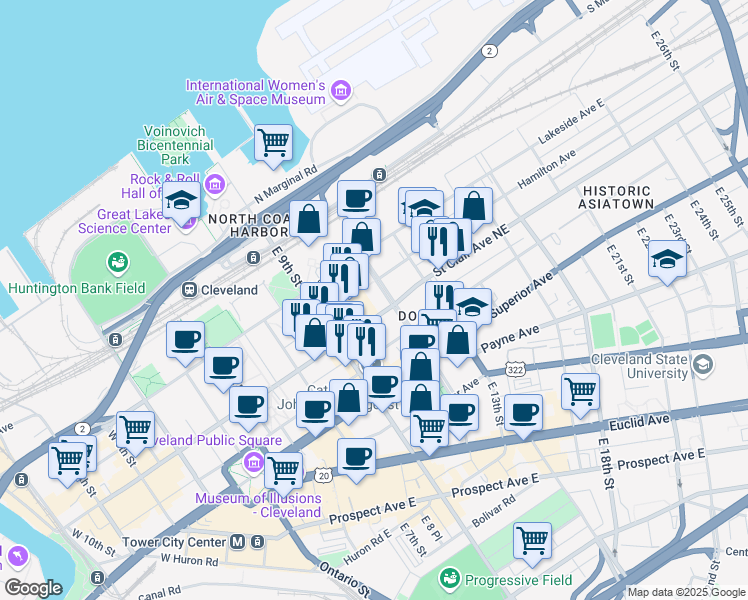 map of restaurants, bars, coffee shops, grocery stores, and more near 1301 East 9th Street in Cleveland