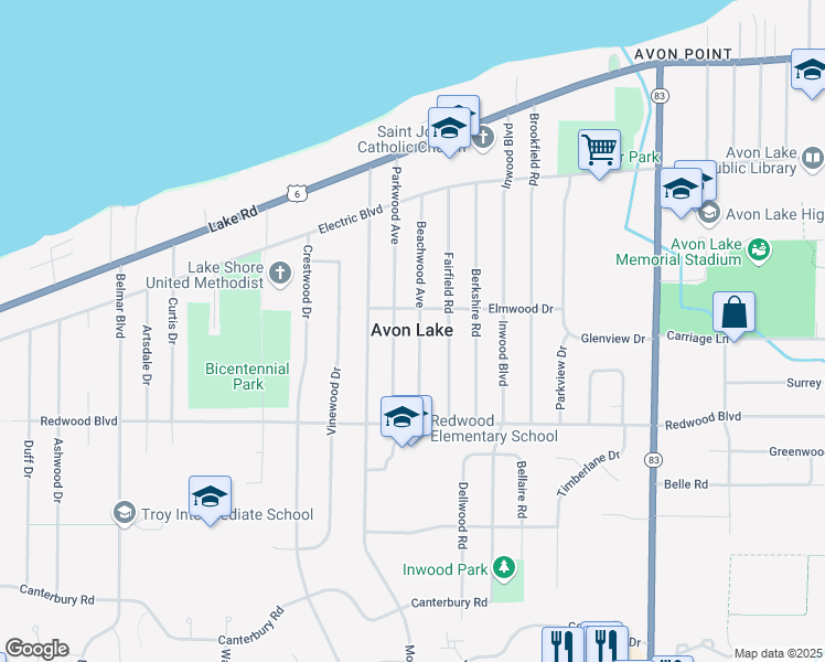 map of restaurants, bars, coffee shops, grocery stores, and more near 194 Beachwood Avenue in Avon Lake