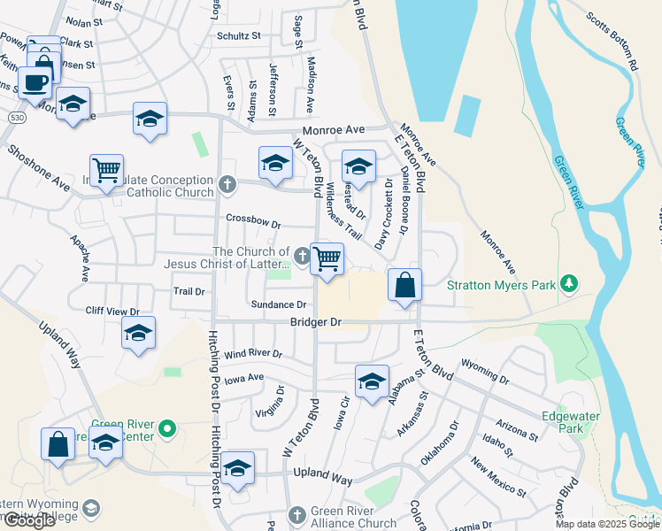 map of restaurants, bars, coffee shops, grocery stores, and more near 2255 Cumorah Way in Green River