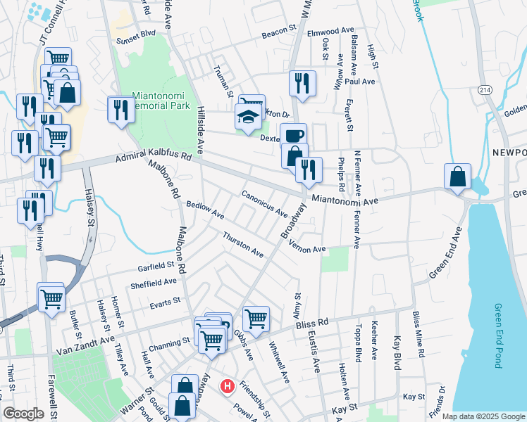 map of restaurants, bars, coffee shops, grocery stores, and more near 12 Apthorp Avenue in Newport