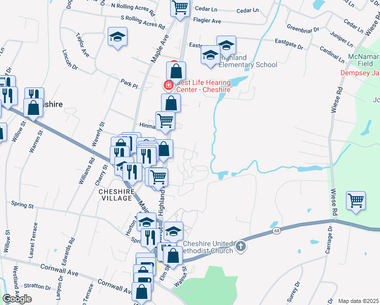 map of restaurants, bars, coffee shops, grocery stores, and more near 369 East Mitchell Avenue in Cheshire