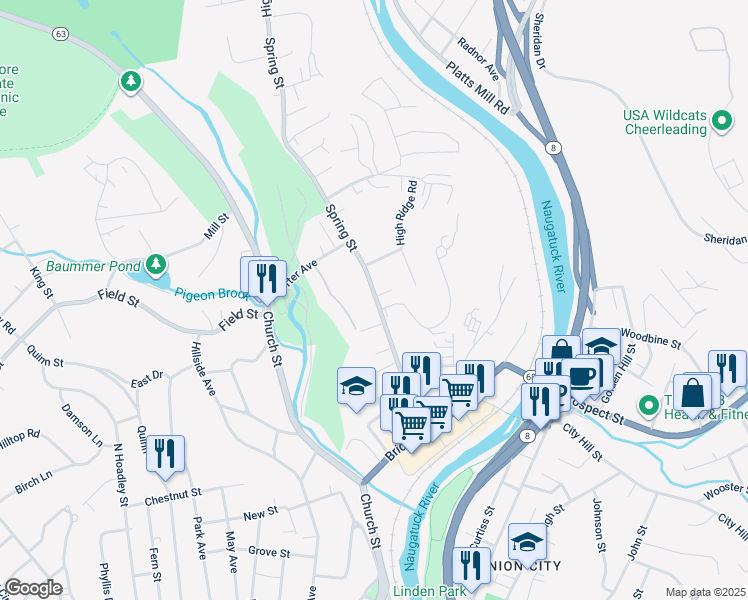 map of restaurants, bars, coffee shops, grocery stores, and more near 5 Peppermill Court in Naugatuck
