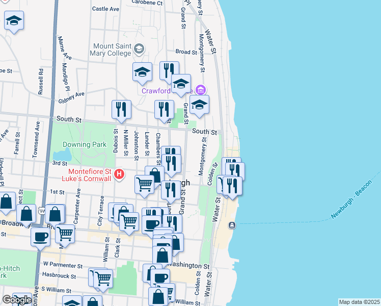 map of restaurants, bars, coffee shops, grocery stores, and more near 160A Grand Street in Newburgh