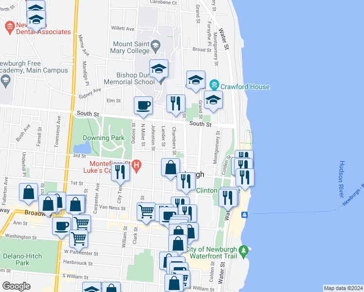 map of restaurants, bars, coffee shops, grocery stores, and more near 123 Chambers Street in Newburgh