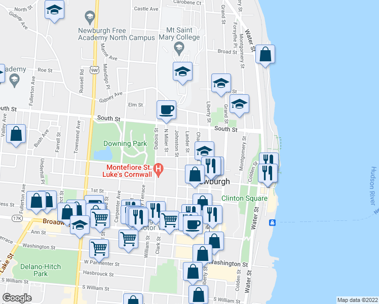 map of restaurants, bars, coffee shops, grocery stores, and more near 131 Lander Street in Newburgh