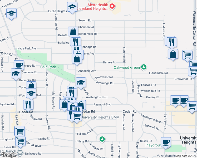 map of restaurants, bars, coffee shops, grocery stores, and more near 3559 Cummings Road in Cleveland Heights