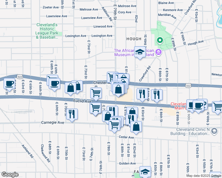 map of restaurants, bars, coffee shops, grocery stores, and more near 7711 Euclid Avenue in Cleveland