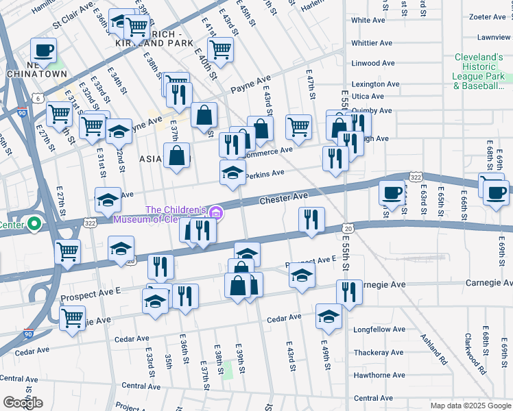 map of restaurants, bars, coffee shops, grocery stores, and more near 4122 Chester Avenue in Cleveland