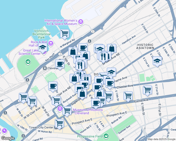 map of restaurants, bars, coffee shops, grocery stores, and more near in Cleveland