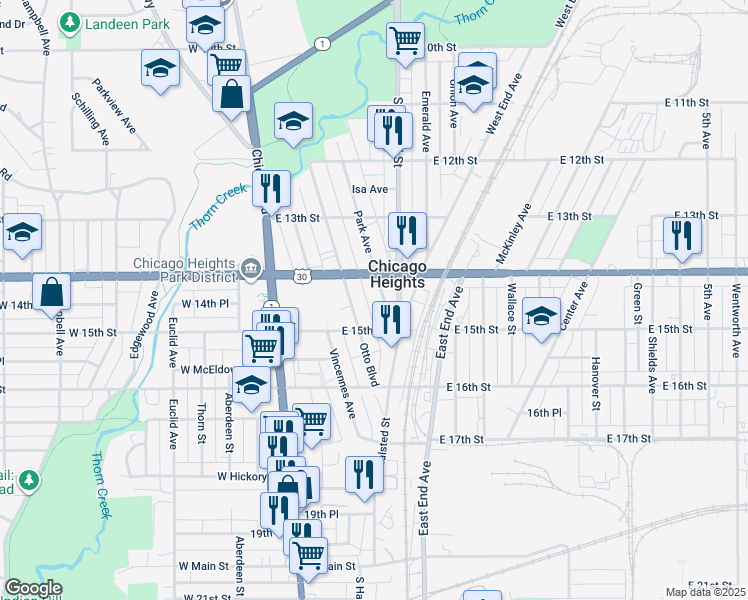 map of restaurants, bars, coffee shops, grocery stores, and more near 80 East Lincoln Highway in Chicago Heights