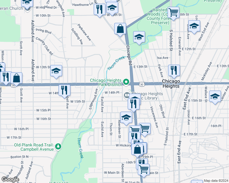 map of restaurants, bars, coffee shops, grocery stores, and more near 54 West 14th Place in Chicago Heights