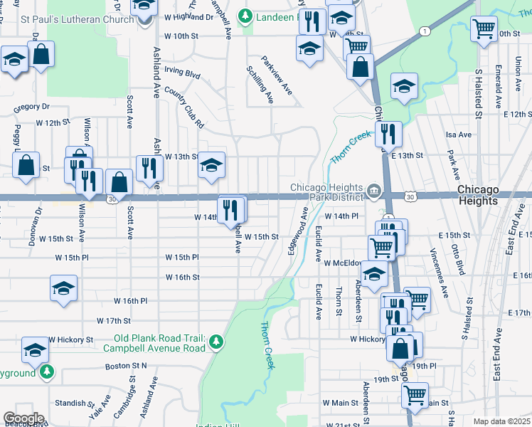 map of restaurants, bars, coffee shops, grocery stores, and more near 1422 Schilling Avenue in Chicago Heights