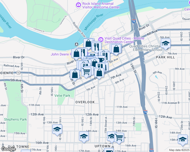 map of restaurants, bars, coffee shops, grocery stores, and more near 605 15th Street in Moline