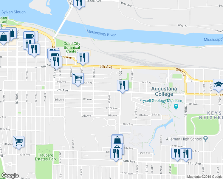 map of restaurants, bars, coffee shops, grocery stores, and more near 2912 7th Avenue in Rock Island
