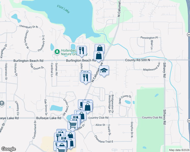 map of restaurants, bars, coffee shops, grocery stores, and more near 4100 North Calumet Avenue in Valparaiso