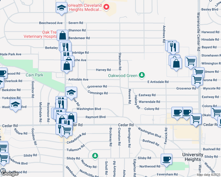 map of restaurants, bars, coffee shops, grocery stores, and more near 3649 Cummings Road in Cleveland Heights