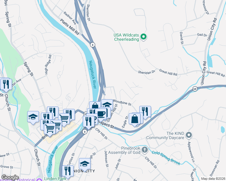 map of restaurants, bars, coffee shops, grocery stores, and more near 134 Golden Hill Street in Naugatuck