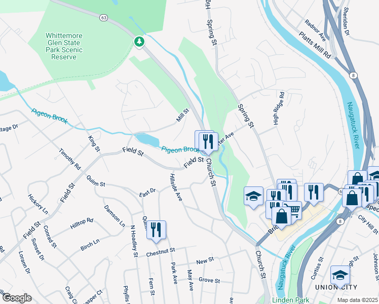 map of restaurants, bars, coffee shops, grocery stores, and more near 33 Field Street in Naugatuck