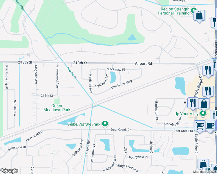 map of restaurants, bars, coffee shops, grocery stores, and more near 1440 Charlevoix Way in Schererville