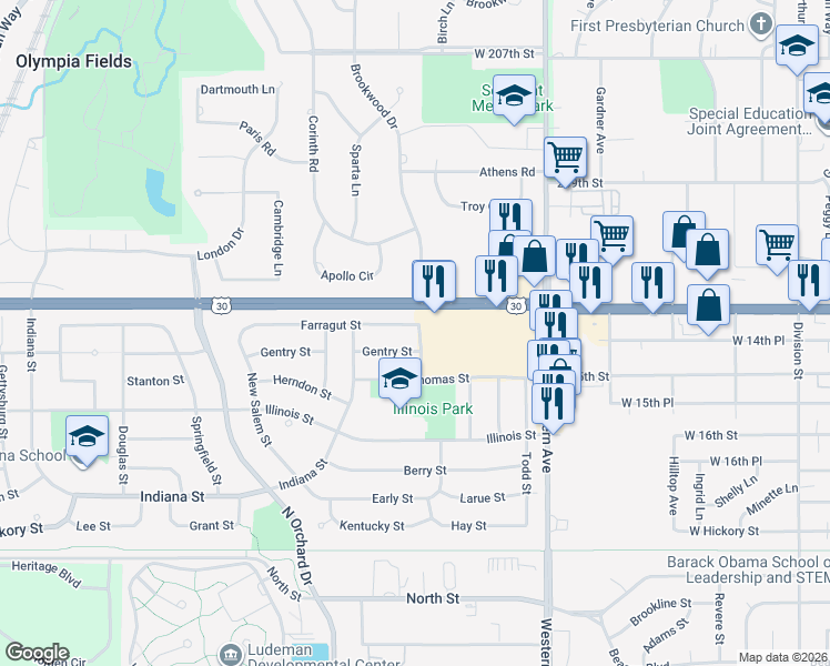 map of restaurants, bars, coffee shops, grocery stores, and more near 231 Farragut Street in Park Forest