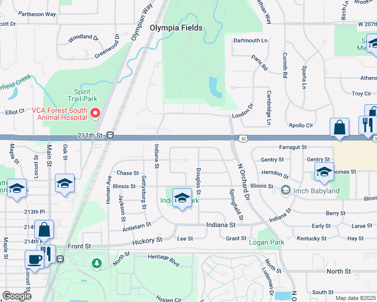 map of restaurants, bars, coffee shops, grocery stores, and more near 454 Springfield Street in Park Forest