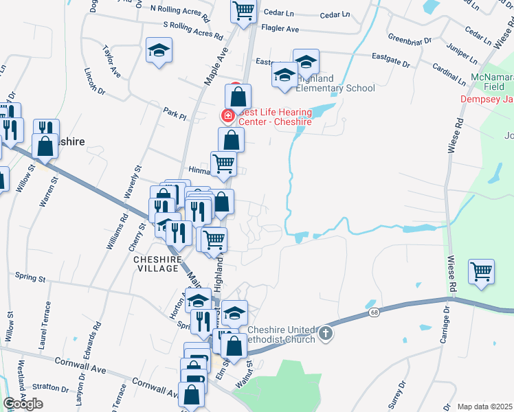 map of restaurants, bars, coffee shops, grocery stores, and more near 369 East Mitchell Avenue in Cheshire