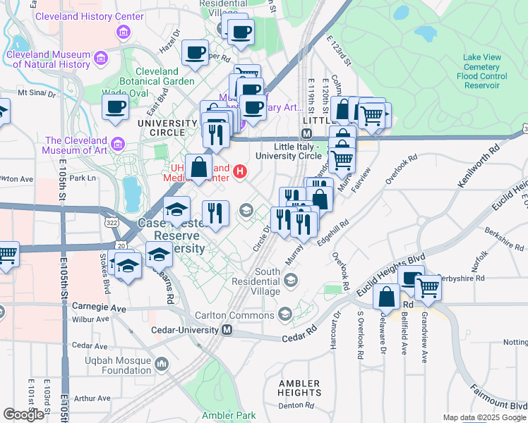 map of restaurants, bars, coffee shops, grocery stores, and more near 2124 Cornell Road in Cleveland