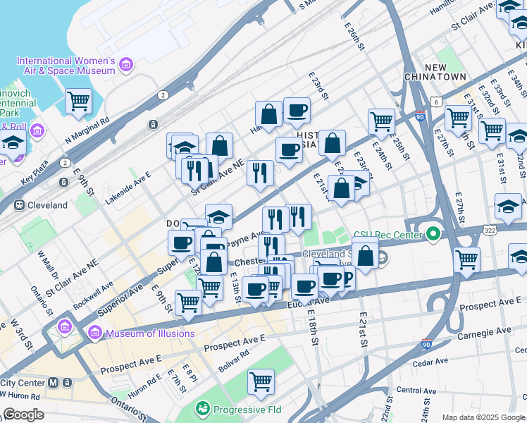 map of restaurants, bars, coffee shops, grocery stores, and more near 1640 Superior Avenue in Cleveland