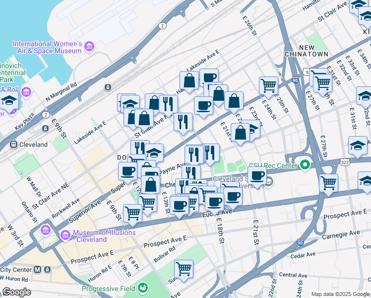 map of restaurants, bars, coffee shops, grocery stores, and more near 1640 Superior Avenue in Cleveland
