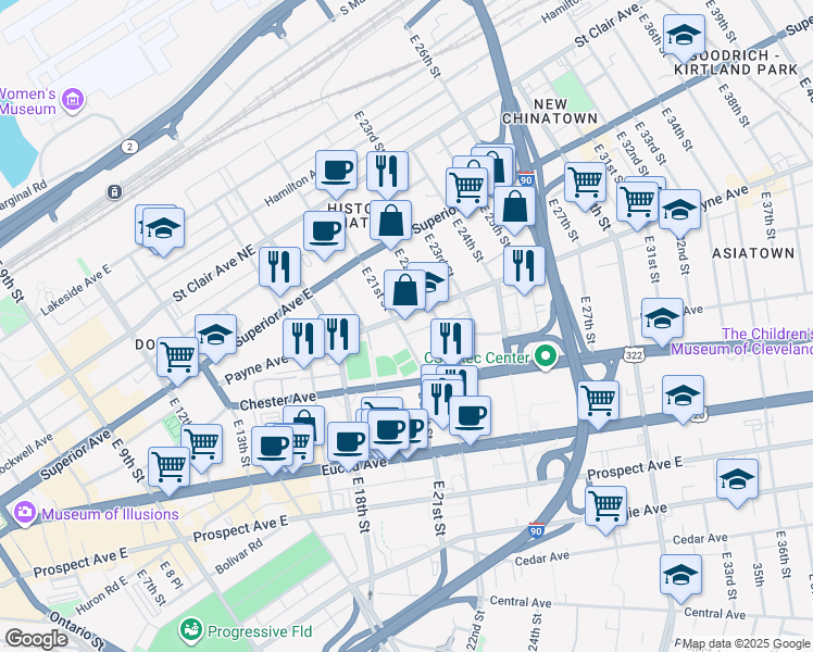 map of restaurants, bars, coffee shops, grocery stores, and more near 2106 Payne Avenue in Cleveland