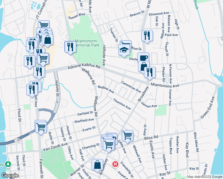 map of restaurants, bars, coffee shops, grocery stores, and more near 37 Bedlow Avenue in Newport